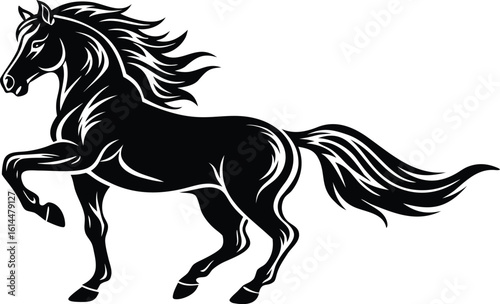 Elegant Black Horse Silhouette with Flowing Mane and Tail in Profile