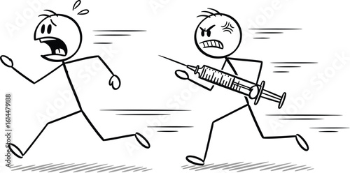 Stick figure running from injection needle vaccine fear concept vector illustration drawing art 95chr
