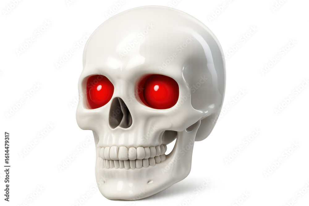 Fototapeta premium White human skull with glowing red eyes on transparent background