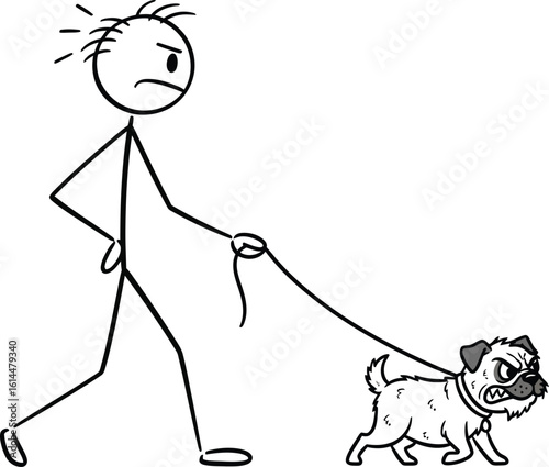 Angry stick figure walking an aggressive pug dog on leash cartoon illustration vector drawing