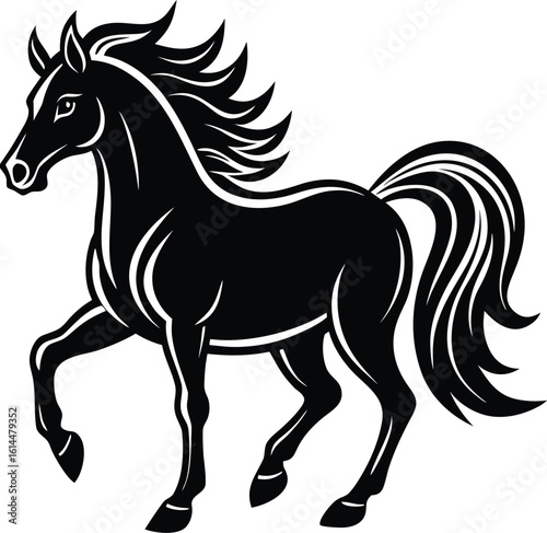 Elegant Black Horse Silhouette with Flowing Mane and Tail on White Background