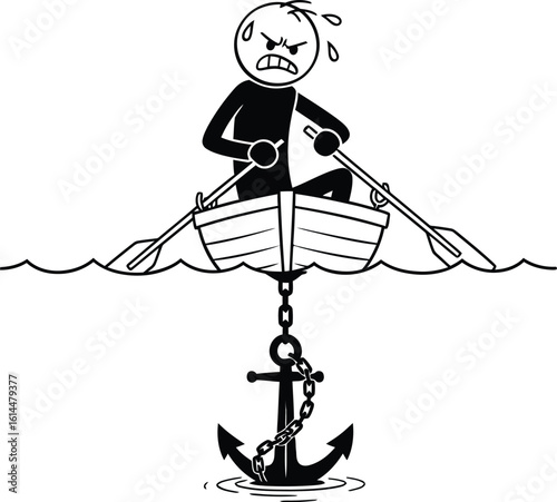 Stick figure rowing boat with anchor illustration representing struggle and challenge concept art