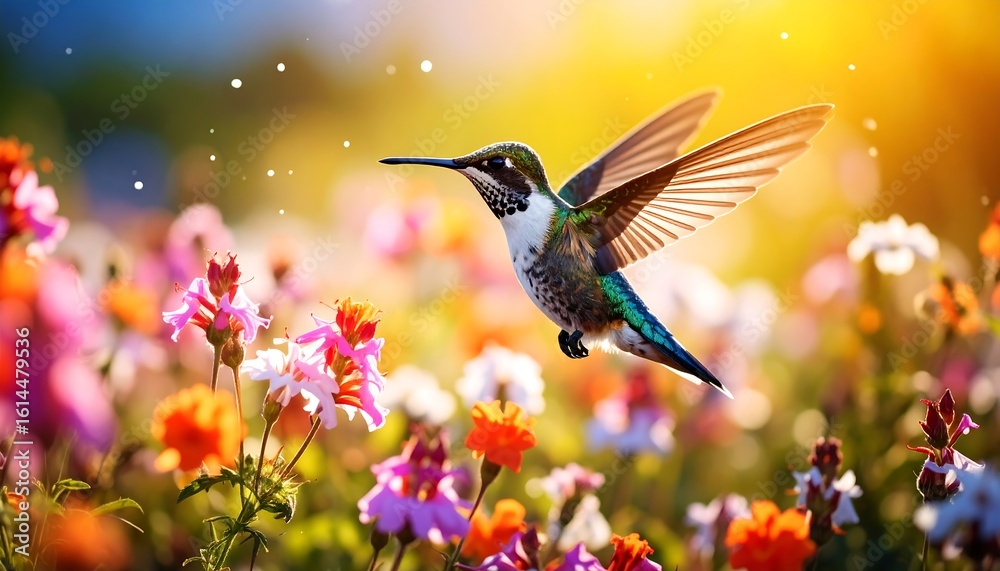 Fototapeta premium Hummingbird in vibrant flowers (1)