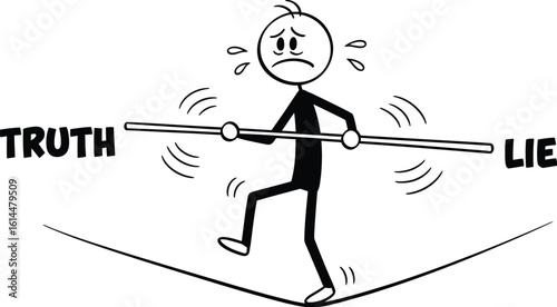 Balancing act between truth and lie concept stick figure walking tightrope illustration vector art