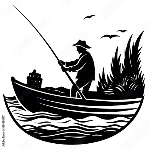 Silhouette of a person fishing from a boat on the water