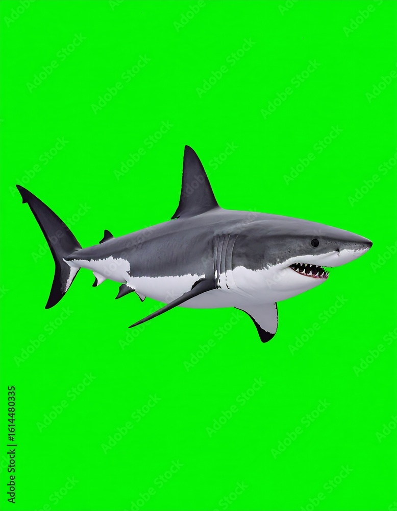 Fototapeta premium Great white shark, digitally rendered, on green screen