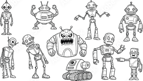 Collection of robot drawings vector illustration for kids coloring pages and design projects