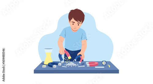 Boy conducting a magnetism experiment with horseshoe magnets.
