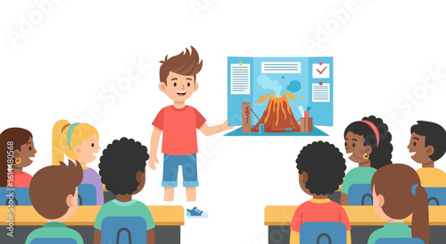 Boy Presenting Volcano Science Fair Project to Classmates.