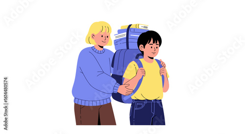 Boy with Overstuffed Backpack Helped by Woman.