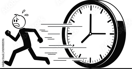 Running out of time concept: stick figure running from clock, deadline pressure and time management issues