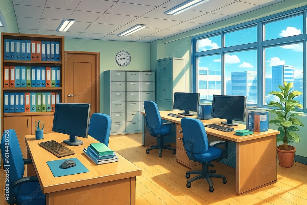 Fototapeta premium Bright, airy office space with two desks, computers, filing cabinets, and a large window overlooking a sunny cityscape. The room is styled in a vibrant, anime-influenced aesthetic