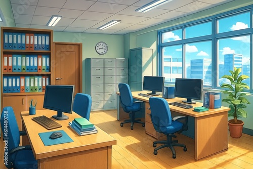 Bright, airy office space with two desks, computers, filing cabinets, and a large window overlooking a sunny cityscape.  The room is styled in a vibrant, anime-influenced aesthetic
