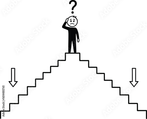 Stick figure decision making on stairs concept illustration for business and life choices