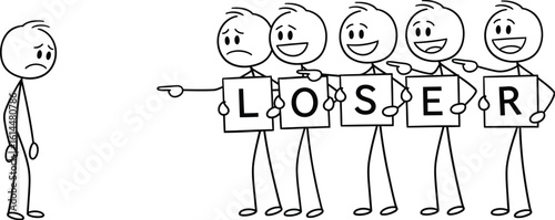 Bullying stick figures concept showing loser with sad face being pointed at by laughing group of people