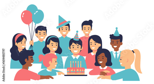 Diverse Group of Children Celebrating Birthday with Cake and Balloons.