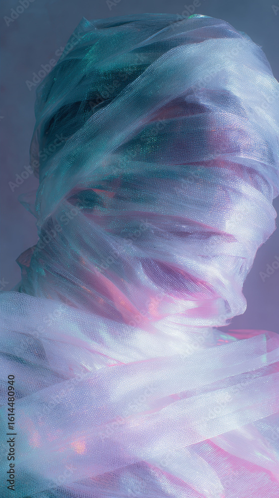 Obraz premium Surreal image of figure wrapped in translucent fabric with colorful lighting