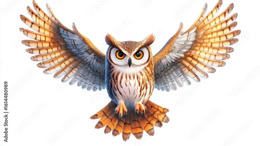 Obraz premium A fluffy owl in animation style, mid-flight emerging from a tree hollow, wings spread wide, soft feathers detailed, isolated on a white background.