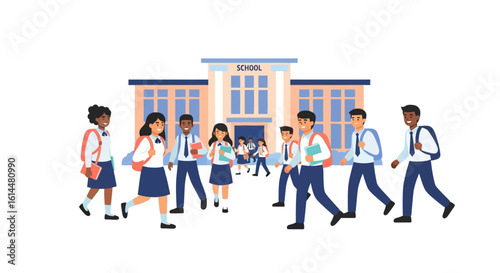 Diverse Students Walking to School Building.