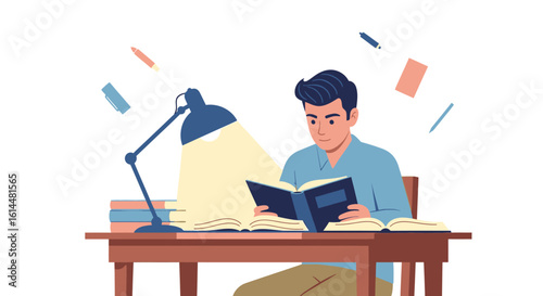 Focused Young Man Studying with Books and Desk Lamp.