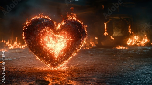 Fiery heart shape in flames amidst a burning scene