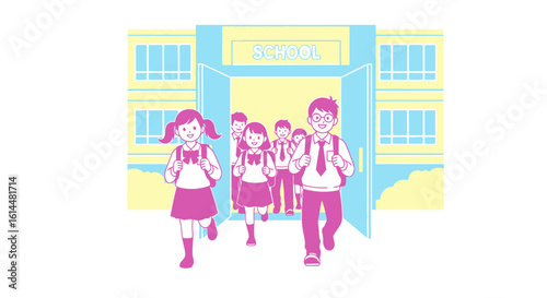 Happy Students Exiting School Building Backpacks and Uniforms.