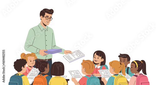 Teacher Distributing Worksheets to Diverse Group of Students.