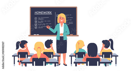 Teacher Explaining Homework to Elementary School Students.