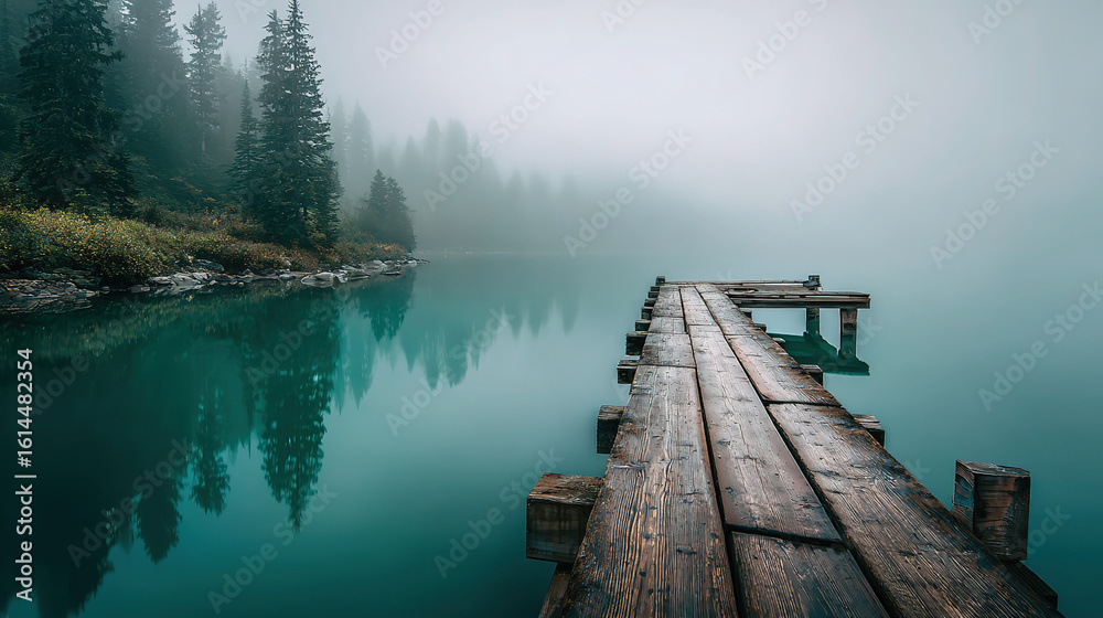 Fototapeta premium Dock Landscape at Emerald Lake, Long Exposure Turquoise Water with Hyper-Realistic Morning Fog Scene, Rule of Thirds Composition