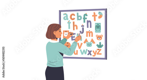 Woman Arranging Alphabet Letters and Cute Animal Icons on a Board.