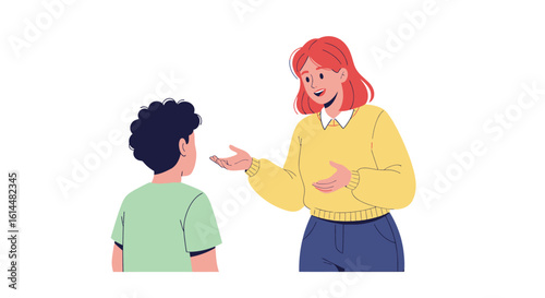 Woman explaining something to a boy.