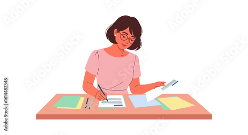 Woman in Glasses Filling Out Documents at Desk.