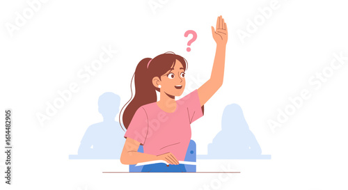 Young Woman Raising Hand with Question Mark Classroom Setting.