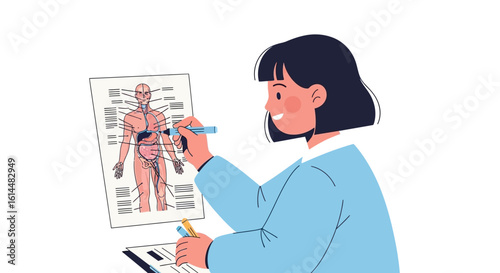 Young Woman Studying Human Anatomy Chart.