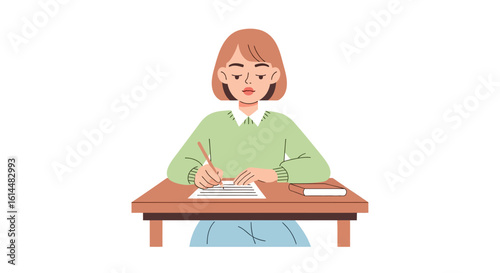 Young Woman Writing at Desk Focused Expression.