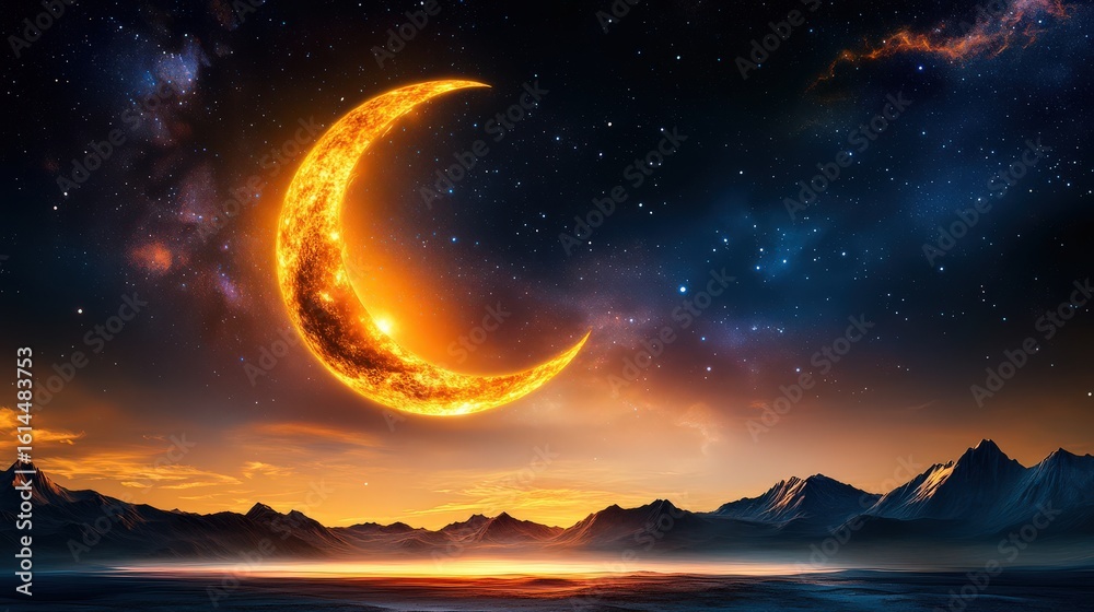 Fototapeta premium Golden crescent moon shimmers with stardust above a flat horizon and dark mountains, its light casting soft glow across the starry night.