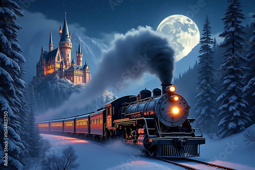 Winter Train Journey A Steam Train Passing Through a Snowy Landscape Under a Full Moon A Scenic and Atmospheric Night Scene