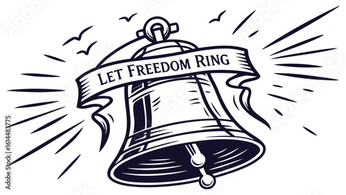 Freedom in Monochrome – Clean Line Art of Liberty Bell with “Let Freedom Ring” Banner in Black & White