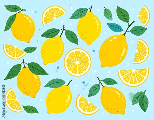 Bright yellow lemons and slices,  with green leaves, arranged on a light blue background