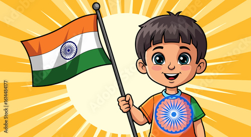 ashoka chakra, independence day india, cartoon child waving tricolor flag with patriotic smile