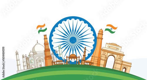 ashoka chakra, independence day india, India flag celebration with iconic monuments and chakra symbol