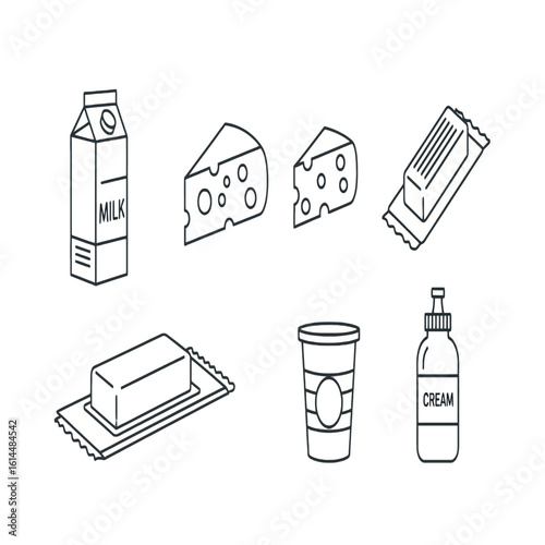 A collection of line-art illustrations showcasing various dairy products, including milk, cheese, and butter.