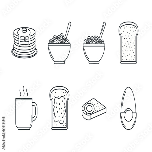 Line art illustration of breakfast foods including pancakes, cereal, toast, eggs, avocado, and a mug of coffee.