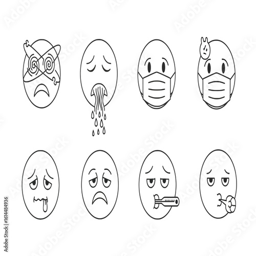 A collection of illustrated egg characters depicting various states of illness and discomfort.