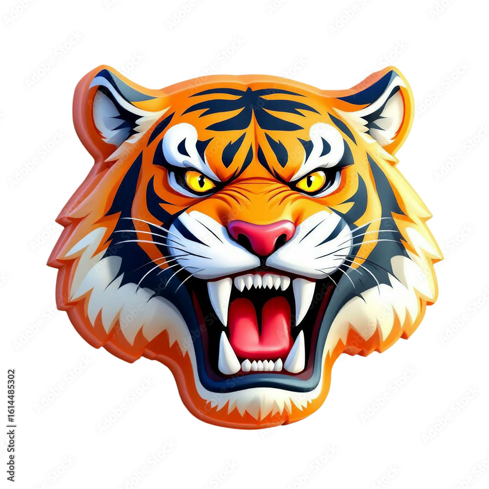 Fototapeta premium Fierce tiger head roaring with open mouth isolated on transparent background