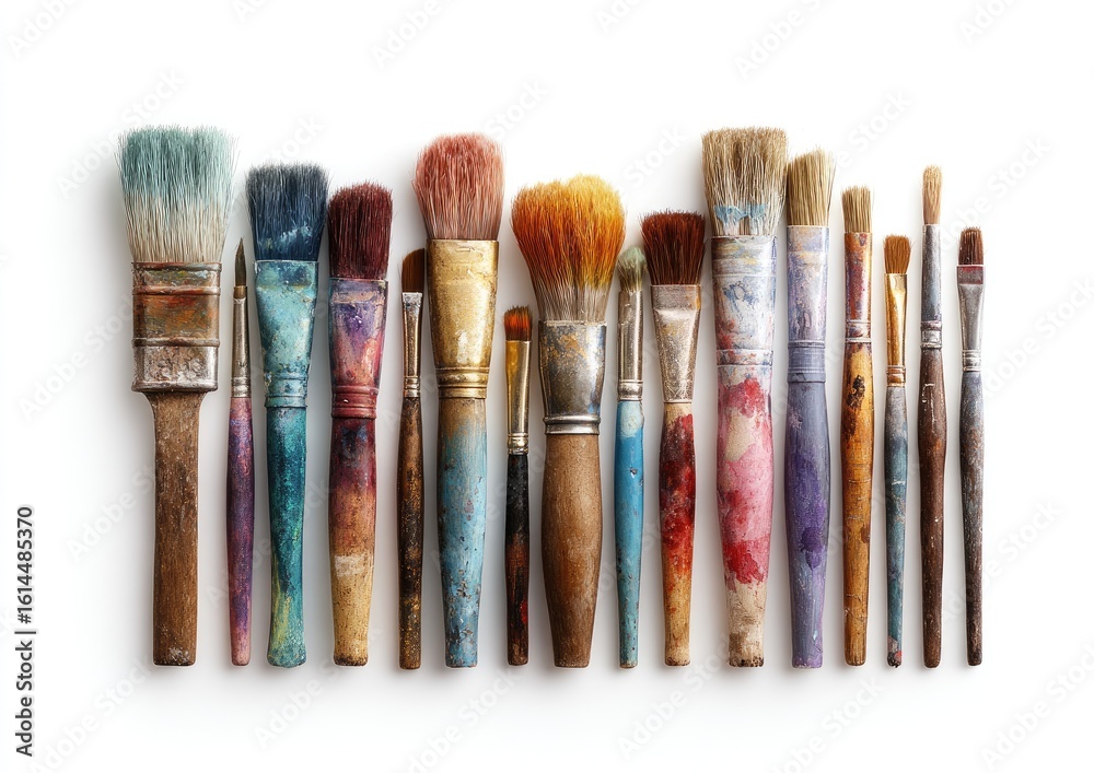 Fototapeta premium Row of used paintbrushes, various sizes and colors