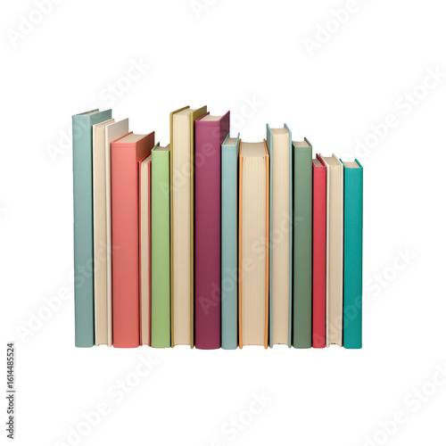 Colorful books arranged in a row against a black background.