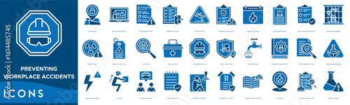 Preventing Workplace Accidents icon set. Secure Area, Safety Training Module, Risk Assessment Form, Emergency Exit Plan, Slip Hazard Alert, Workplace Safety Rules and Fire Drill Schedule