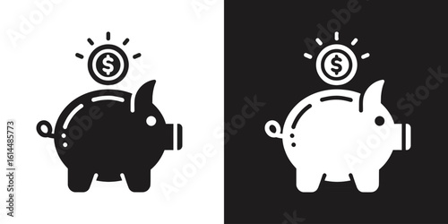 A black and white icon set of a piggy bank with a dollar coin, representing savings, investment, and personal finance.
