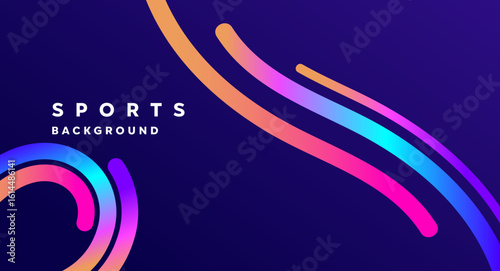 Dynamic abstract sports background with colorful curved gradient lines on dark purple. Ideal for National Sports Day, athletic events, tournament posters, fitness ads, and sports promotions.